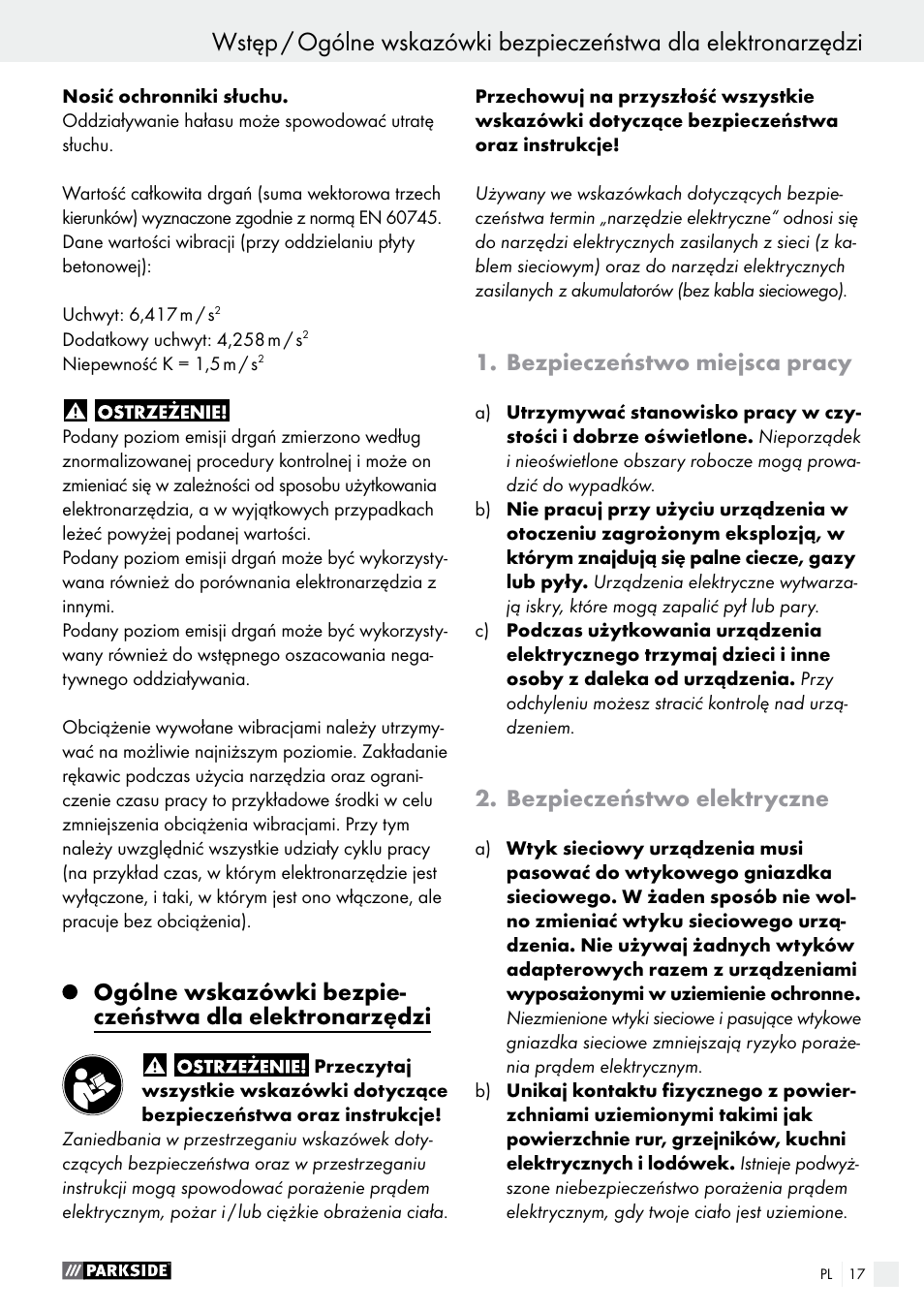 Bezpieczeństwo miejsca pracy, Bezpieczeństwo elektryczne | Parkside PMNF 1350 A1 User Manual | Page 17 / 79