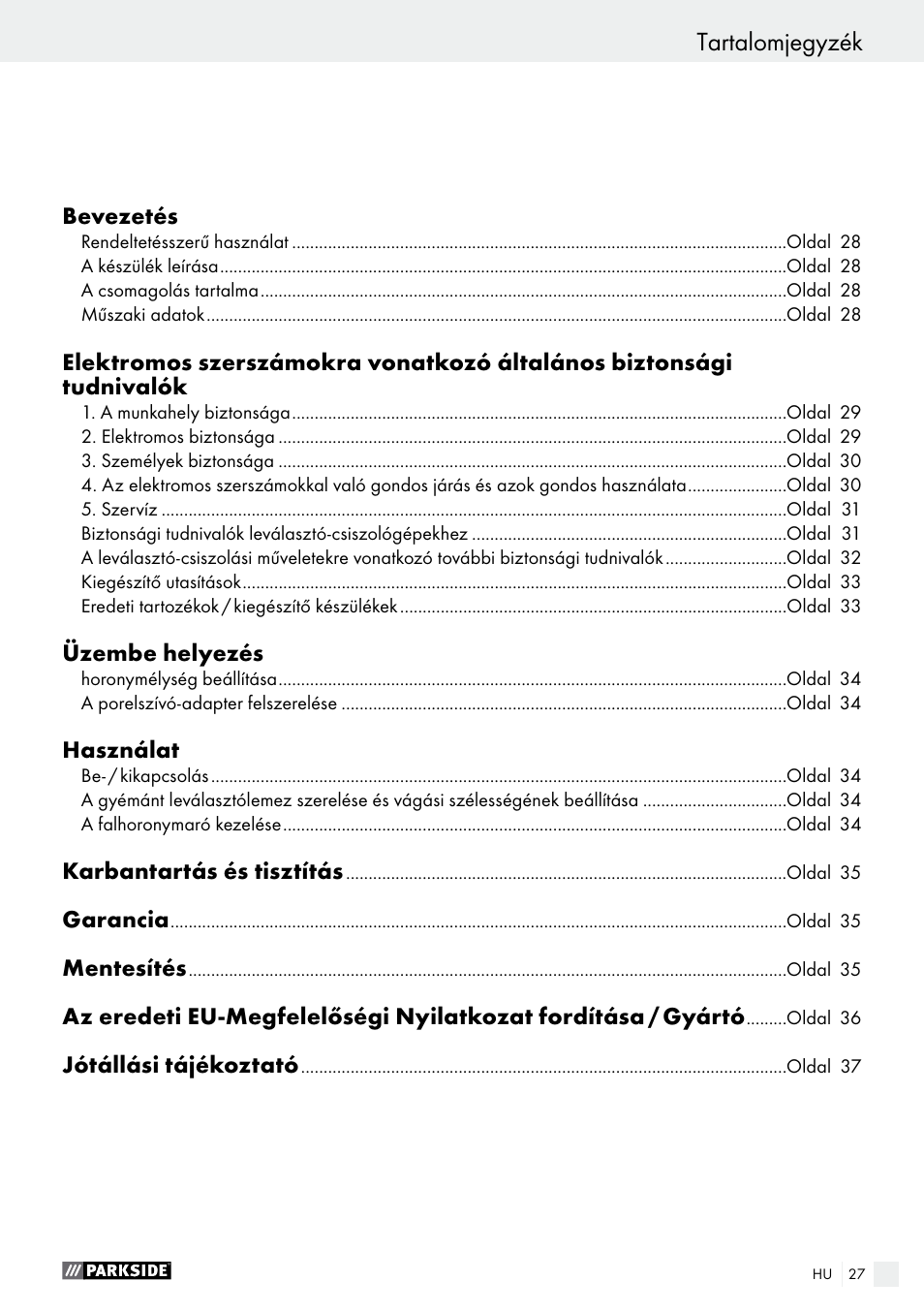 Tartalomjegyzék | Parkside PMNF 1350 A1 User Manual | Page 27 / 79