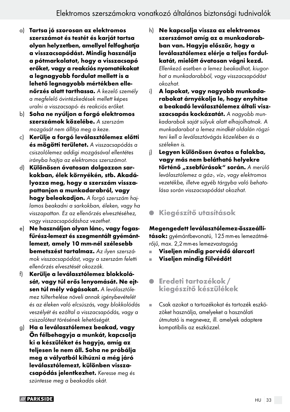 Kiegészítő utasítások, Eredeti tartozékok / kiegészítő készülékek | Parkside PMNF 1350 A1 User Manual | Page 33 / 79