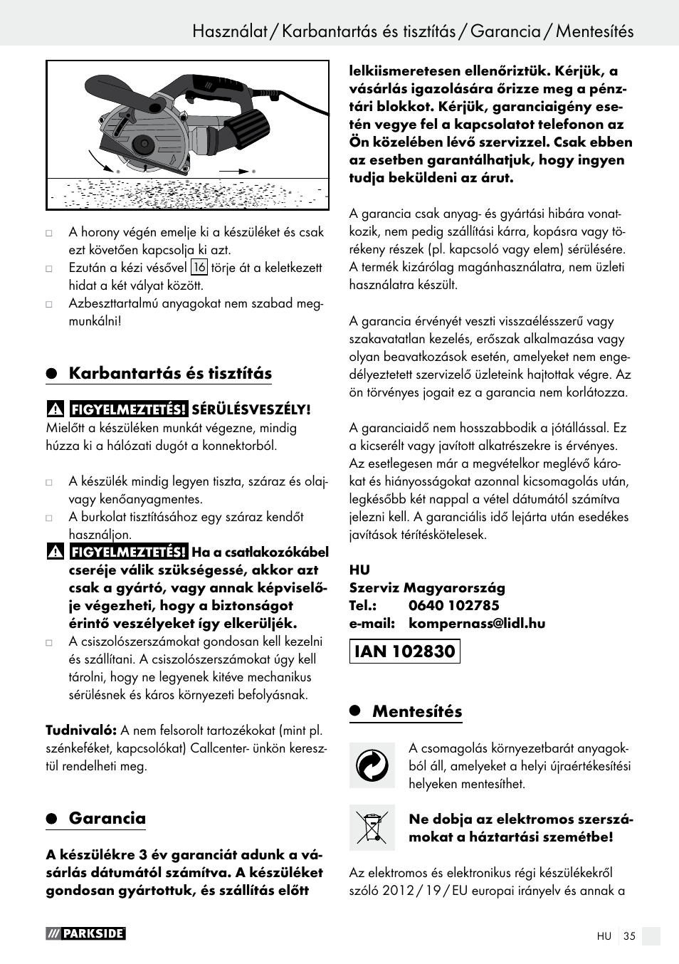 Karbantartás és tisztítás, Garancia, Mentesítés | Parkside PMNF 1350 A1 User Manual | Page 35 / 79