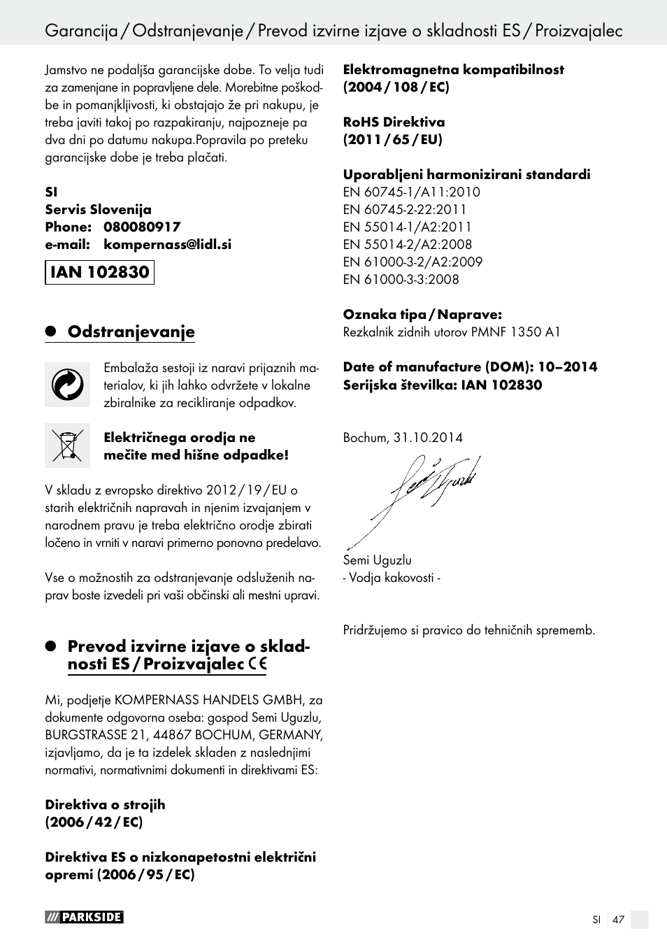 Uporaba / vzdrževanje in čiščenje / garancija | Parkside PMNF 1350 A1 User Manual | Page 47 / 79