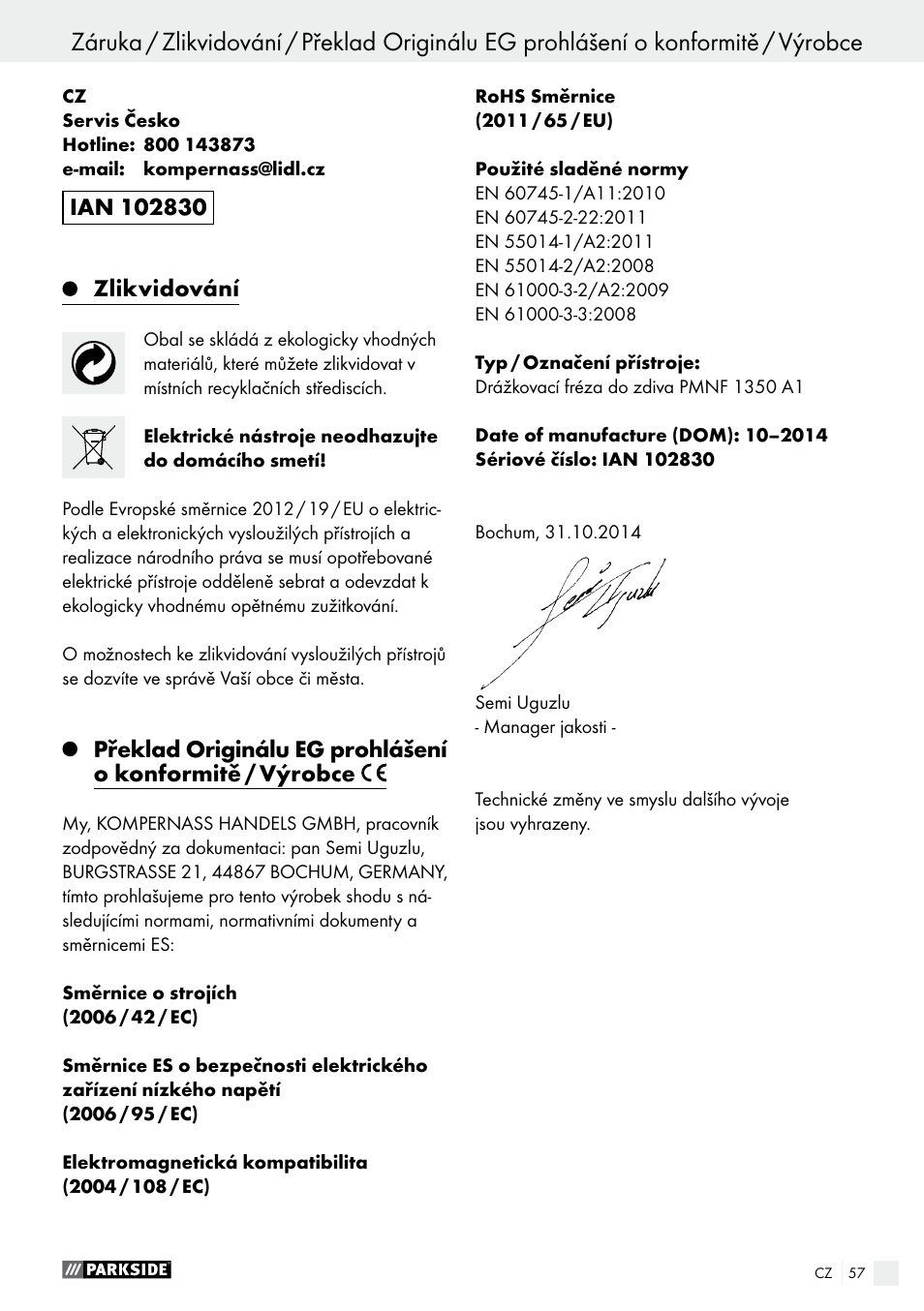 Obsluha / údržba a čistění / záruka | Parkside PMNF 1350 A1 User Manual | Page 57 / 79