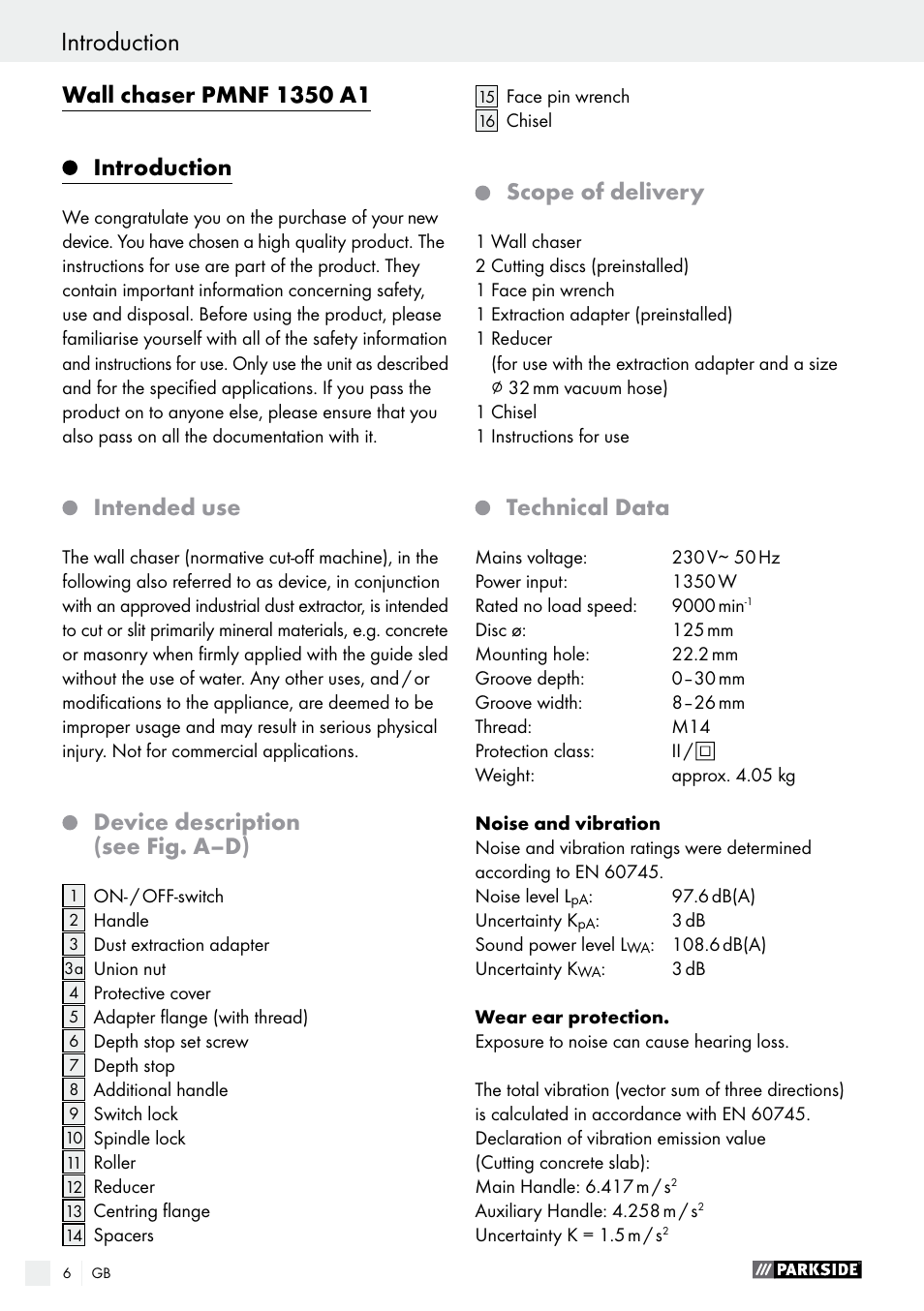 Intended use, Device description (see fig. a–d), Scope of delivery | Technical data | Parkside PMNF 1350 A1 User Manual | Page 6 / 79