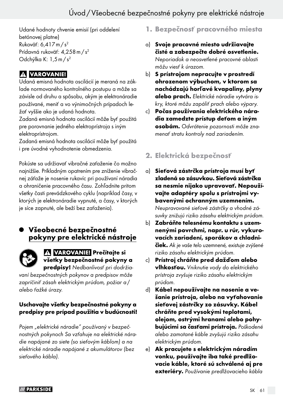 Úvod, Bezpečnosť pracovného miesta, Elektrická bezpečnosť | Parkside PMNF 1350 A1 User Manual | Page 61 / 79