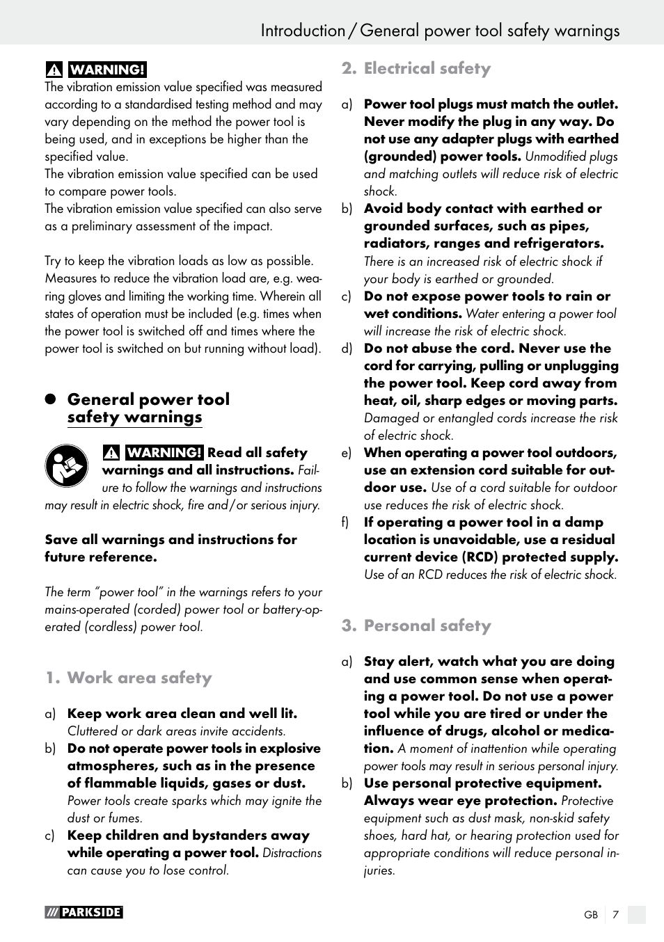 General power tool safety warnings, Work area safety, Electrical safety | Personal safety | Parkside PMNF 1350 A1 User Manual | Page 7 / 79