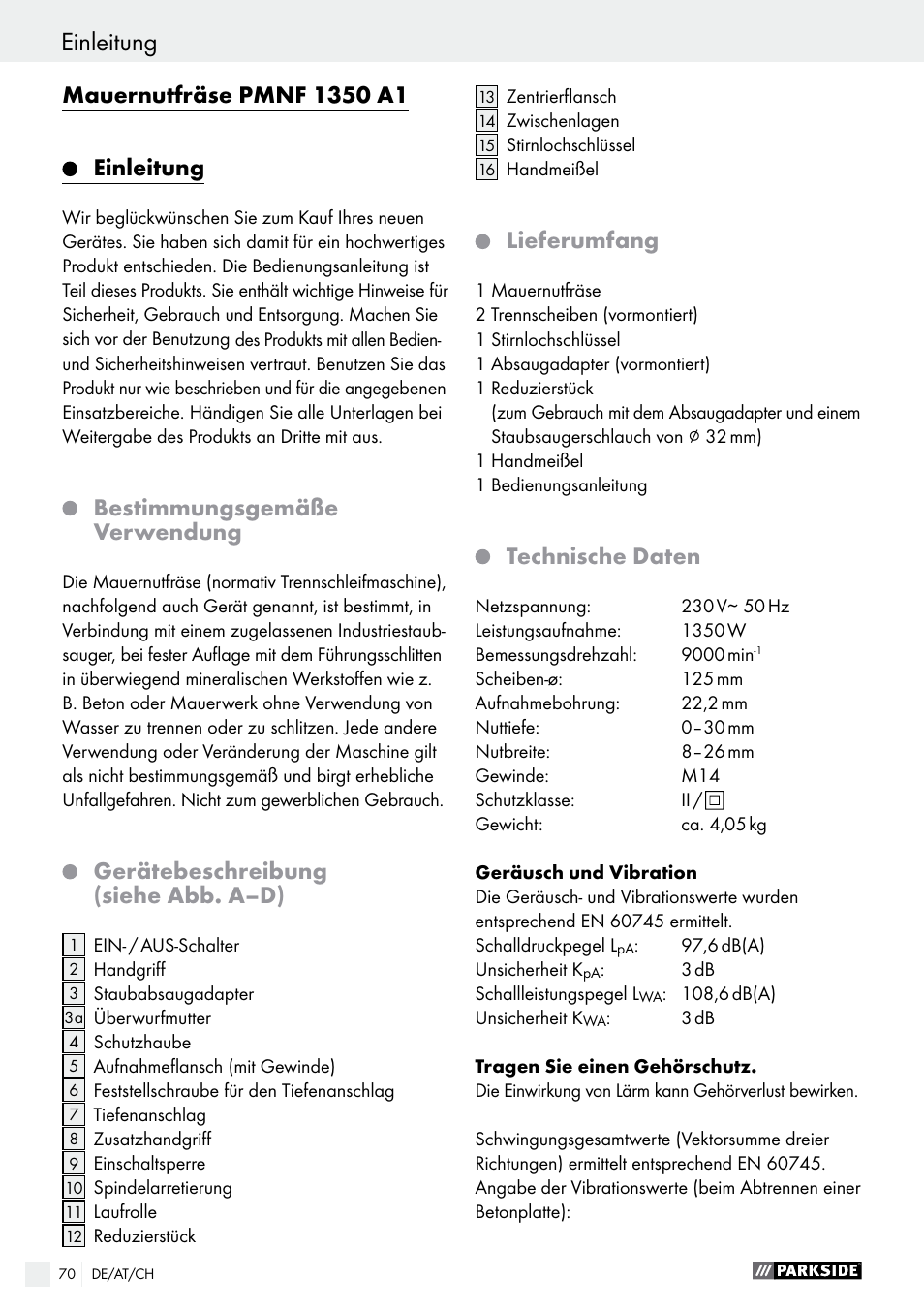 Einleitung, Bestimmungsgemäße verwendung, Gerätebeschreibung (siehe abb. a–d) | Lieferumfang, Technische daten | Parkside PMNF 1350 A1 User Manual | Page 70 / 79