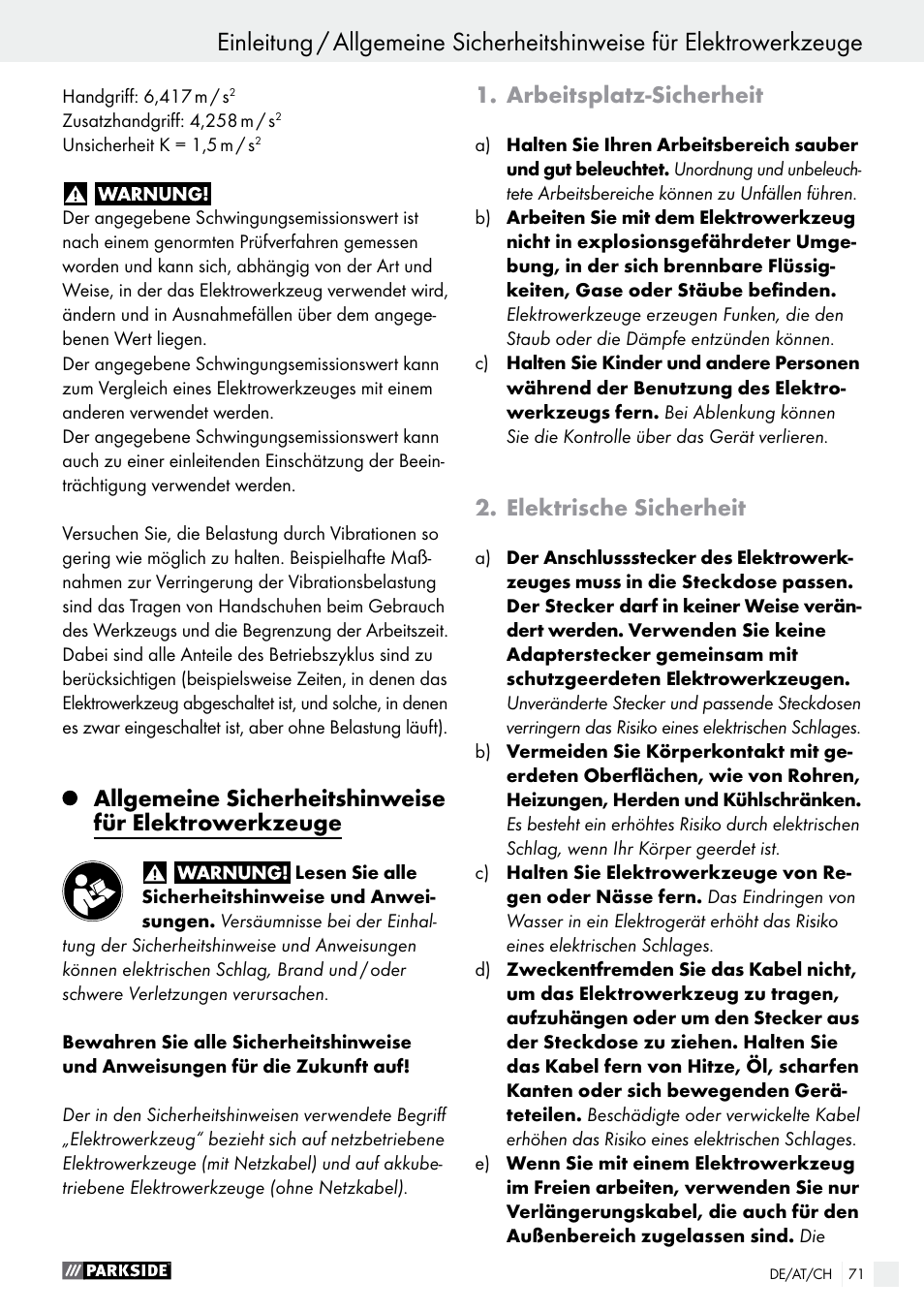 Arbeitsplatz-sicherheit, Elektrische sicherheit | Parkside PMNF 1350 A1 User Manual | Page 71 / 79