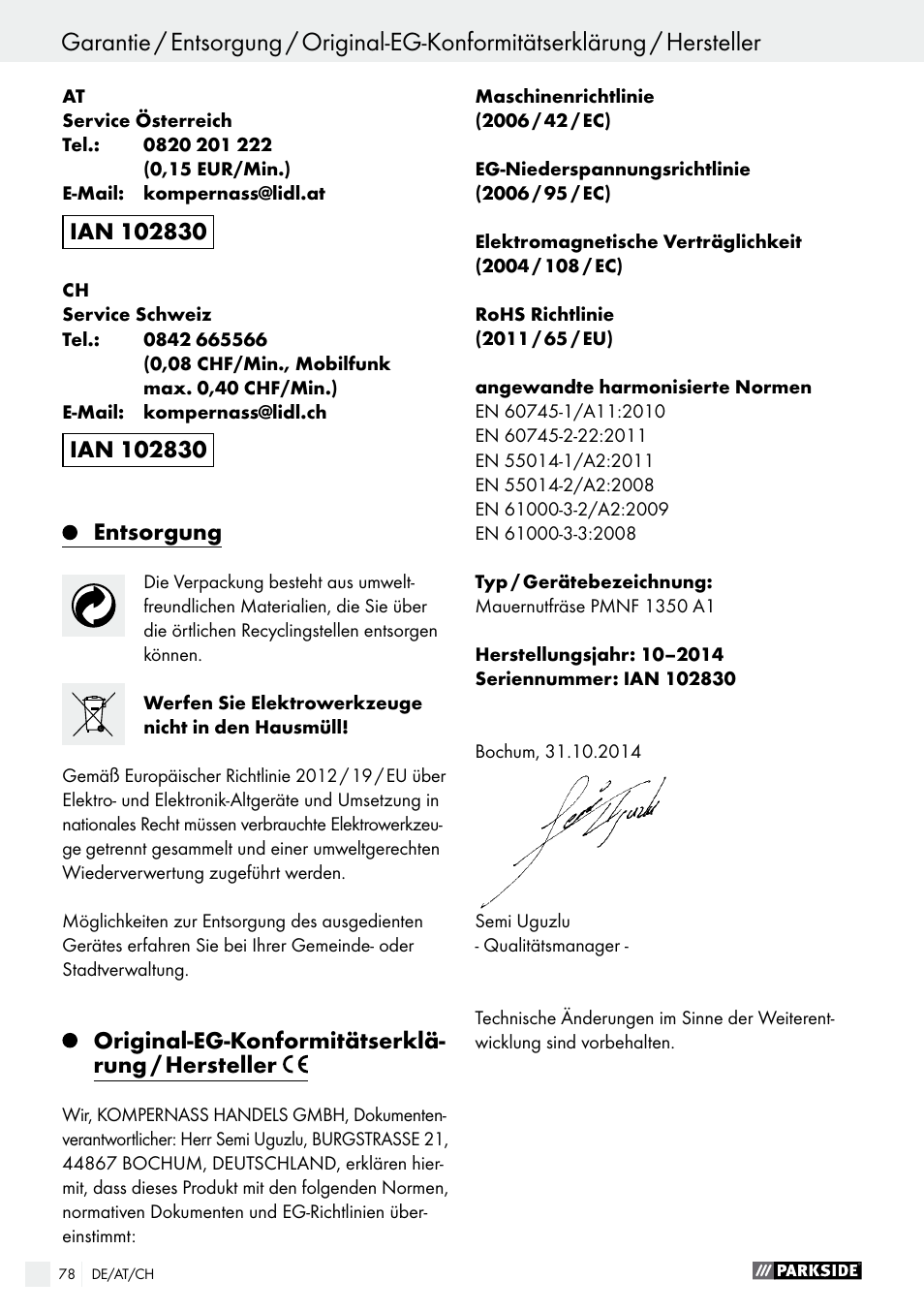 Entsorgung, Original-eg-konformitätserklä- rung / hersteller | Parkside PMNF 1350 A1 User Manual | Page 78 / 79