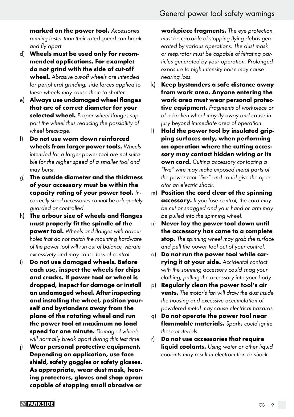 General power tool safety warnings | Parkside PMNF 1350 A1 User Manual | Page 9 / 79