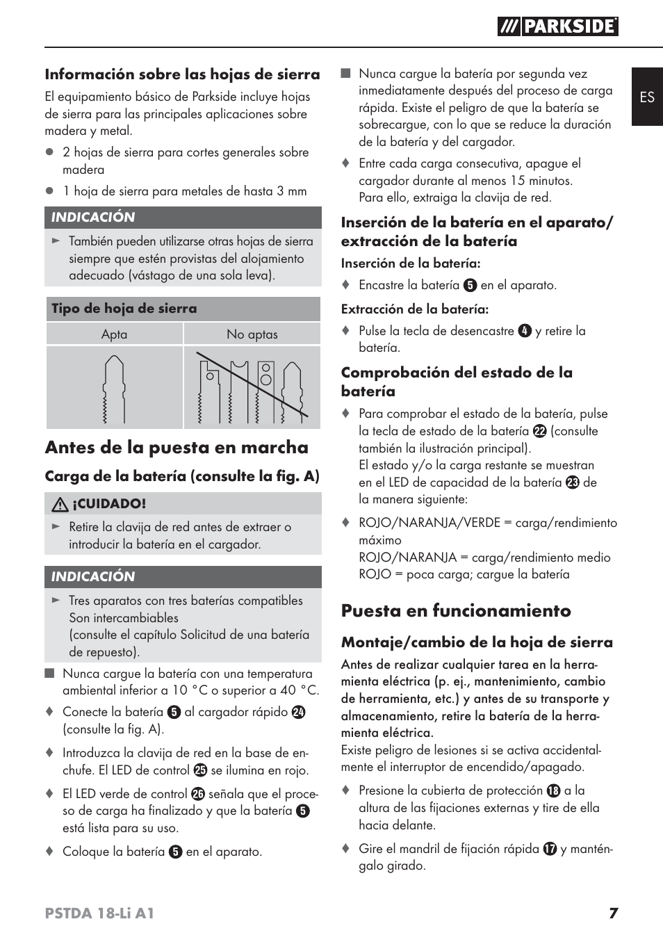 Antes de la puesta en marcha, Puesta en funcionamiento | Parkside PSTDA 18-Li A1 User Manual | Page 11 / 65