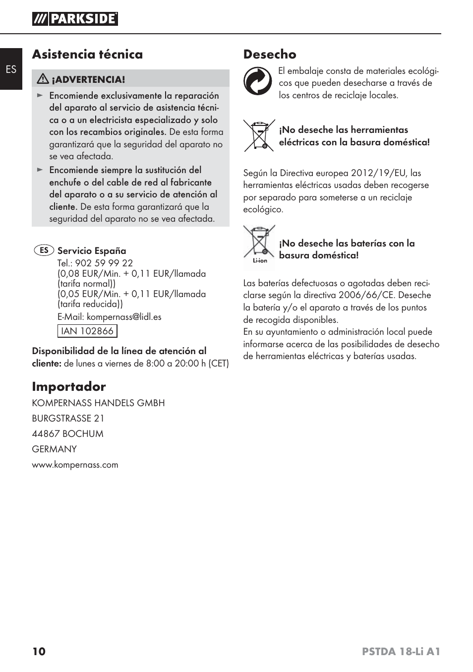 Asistencia técnica, Importador, Desecho | Parkside PSTDA 18-Li A1 User Manual | Page 14 / 65