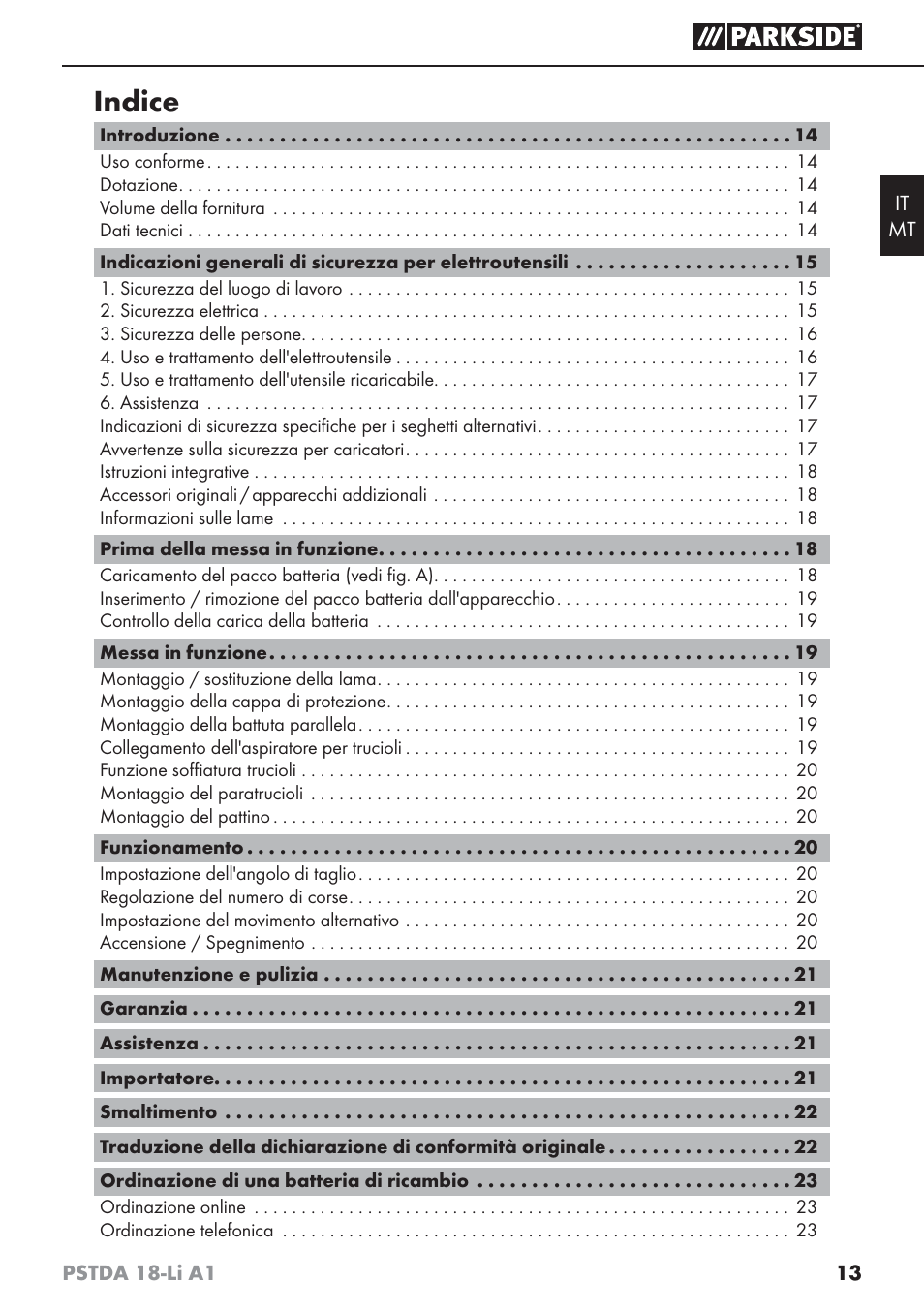 Indice | Parkside PSTDA 18-Li A1 User Manual | Page 17 / 65