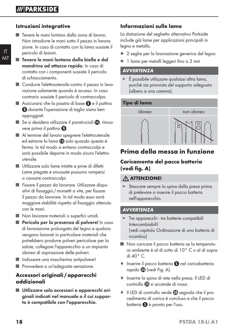 Prima della messa in funzione | Parkside PSTDA 18-Li A1 User Manual | Page 22 / 65