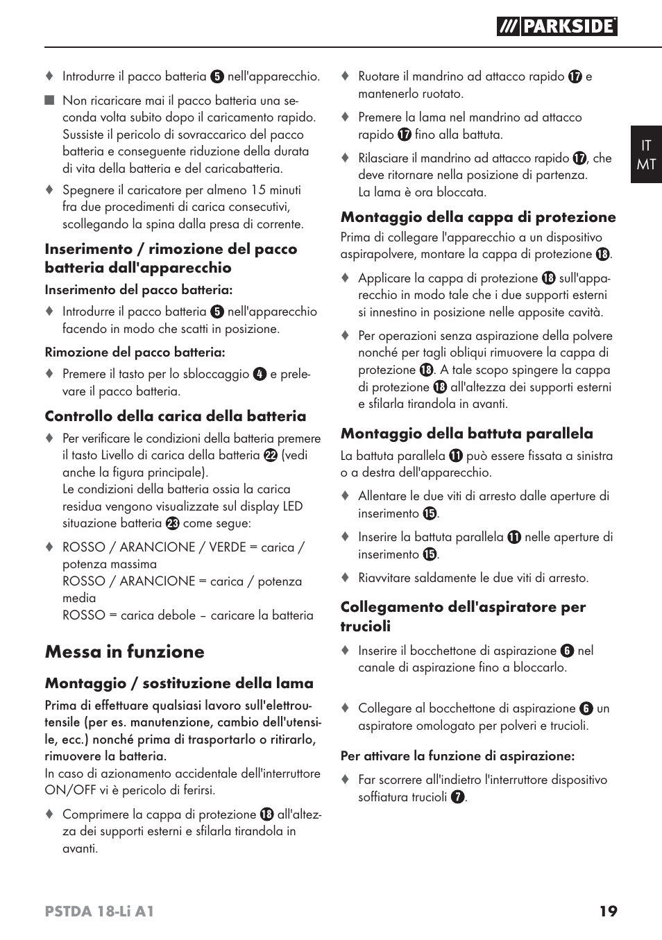 Messa in funzione | Parkside PSTDA 18-Li A1 User Manual | Page 23 / 65