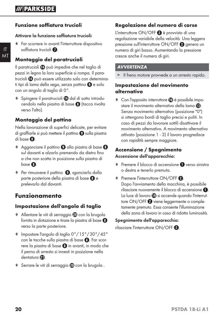 Funzionamento | Parkside PSTDA 18-Li A1 User Manual | Page 24 / 65