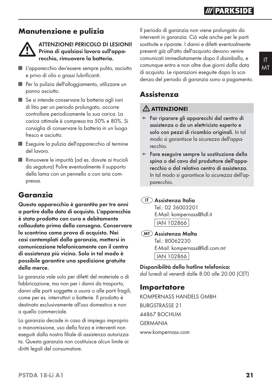 Manutenzione e pulizia, Garanzia, Assistenza | Importatore | Parkside PSTDA 18-Li A1 User Manual | Page 25 / 65