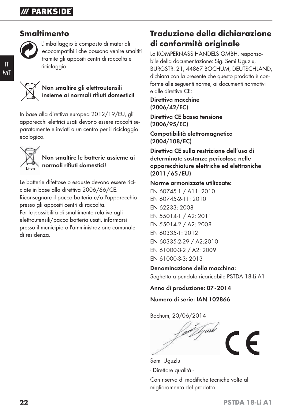 Smaltimento | Parkside PSTDA 18-Li A1 User Manual | Page 26 / 65