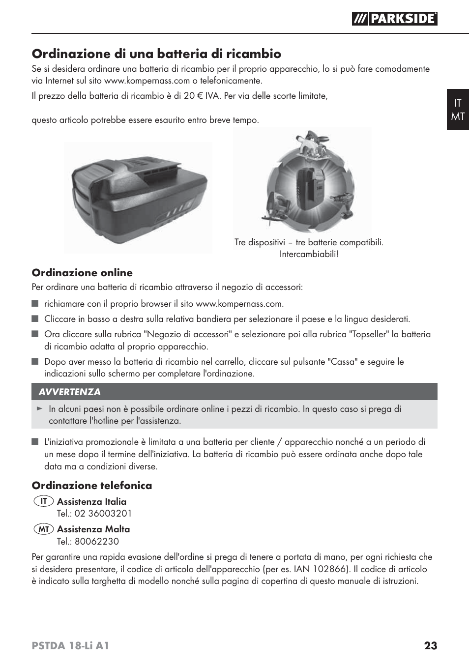 Ordinazione di una batteria di ricambio | Parkside PSTDA 18-Li A1 User Manual | Page 27 / 65