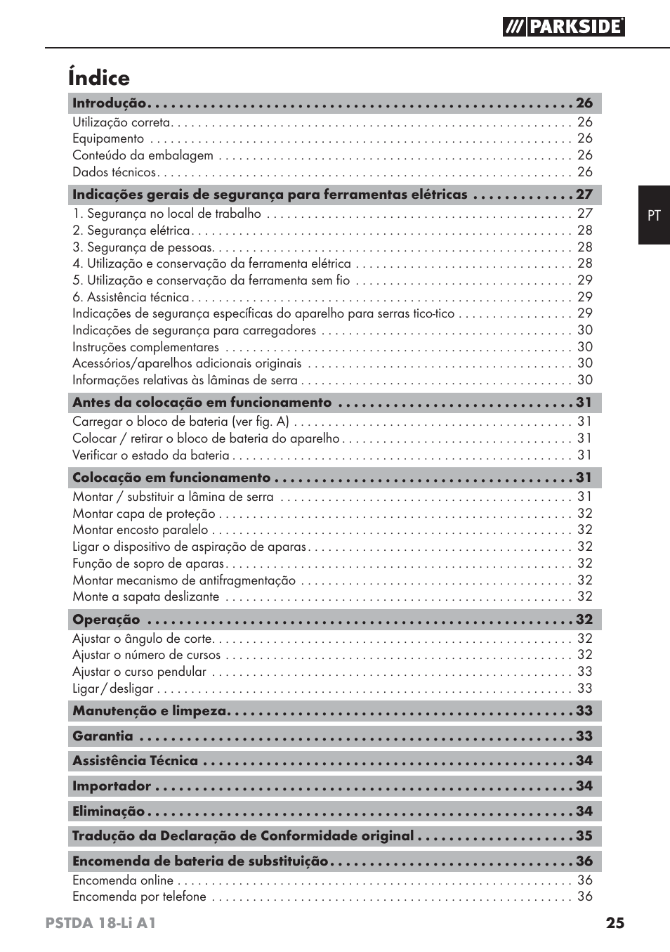 Índice | Parkside PSTDA 18-Li A1 User Manual | Page 29 / 65