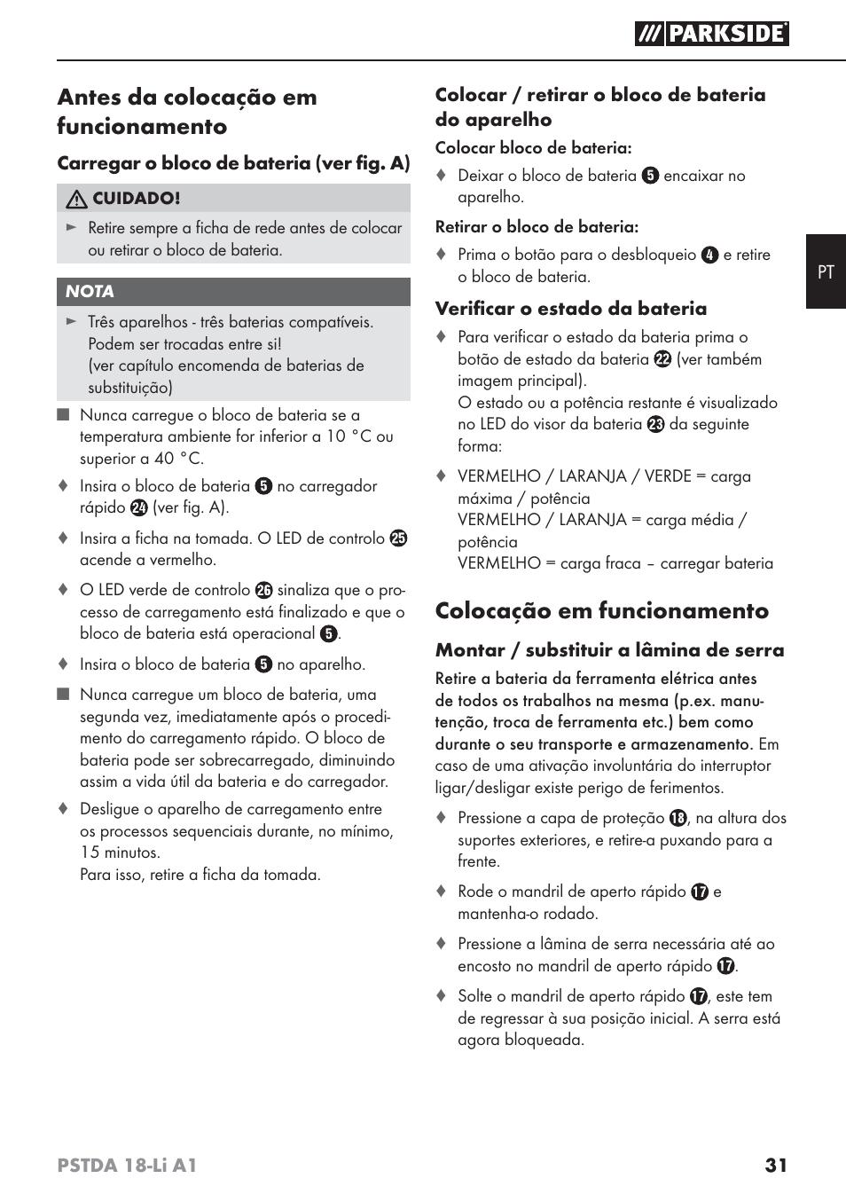 Antes da colocação em funcionamento, Colocação em funcionamento | Parkside PSTDA 18-Li A1 User Manual | Page 35 / 65