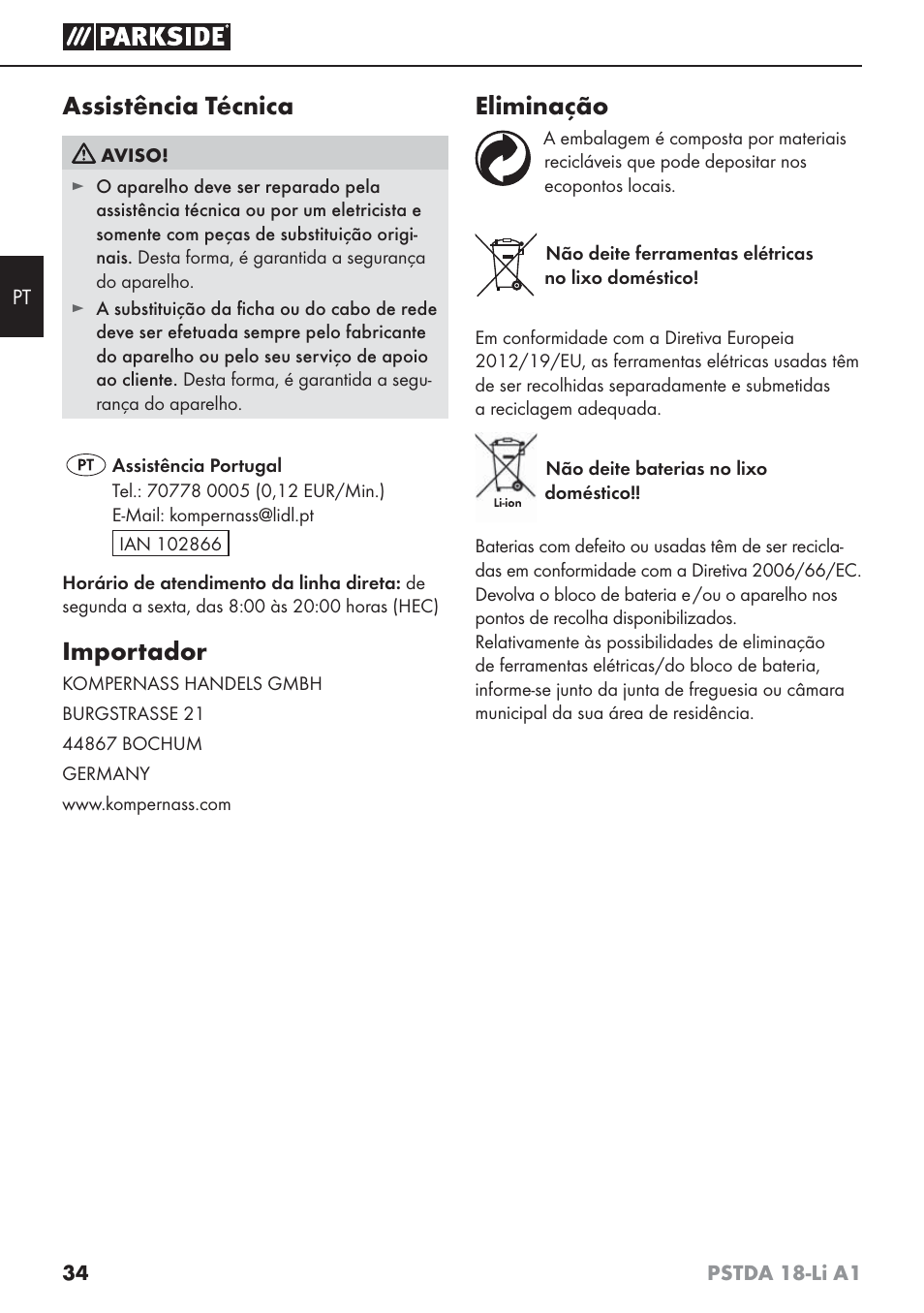 Assistência técnica, Importador, Eliminação | Parkside PSTDA 18-Li A1 User Manual | Page 38 / 65