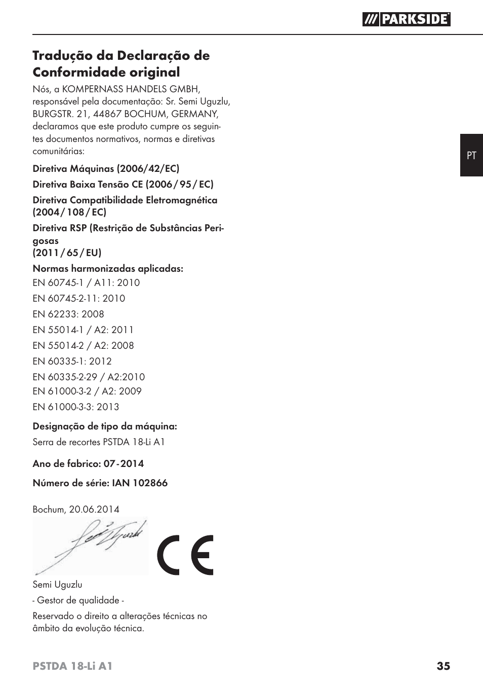 Tradução da declaração de conformidade original | Parkside PSTDA 18-Li A1 User Manual | Page 39 / 65