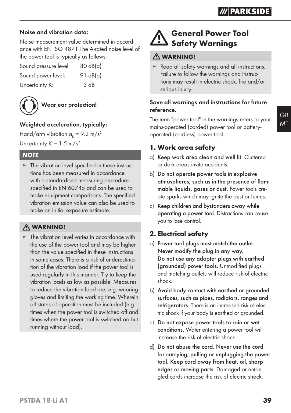 General power tool safety warnings | Parkside PSTDA 18-Li A1 User Manual | Page 43 / 65