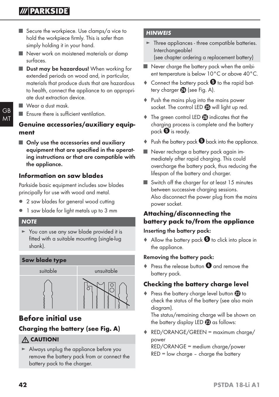 Before initial use | Parkside PSTDA 18-Li A1 User Manual | Page 46 / 65