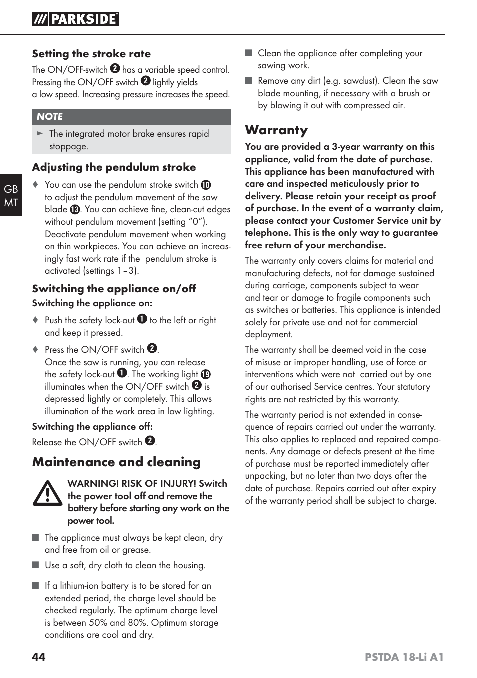 Maintenance and cleaning, Warranty | Parkside PSTDA 18-Li A1 User Manual | Page 48 / 65