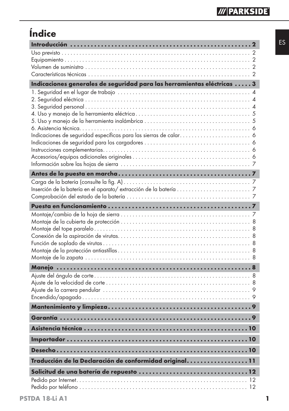 Índice | Parkside PSTDA 18-Li A1 User Manual | Page 5 / 65