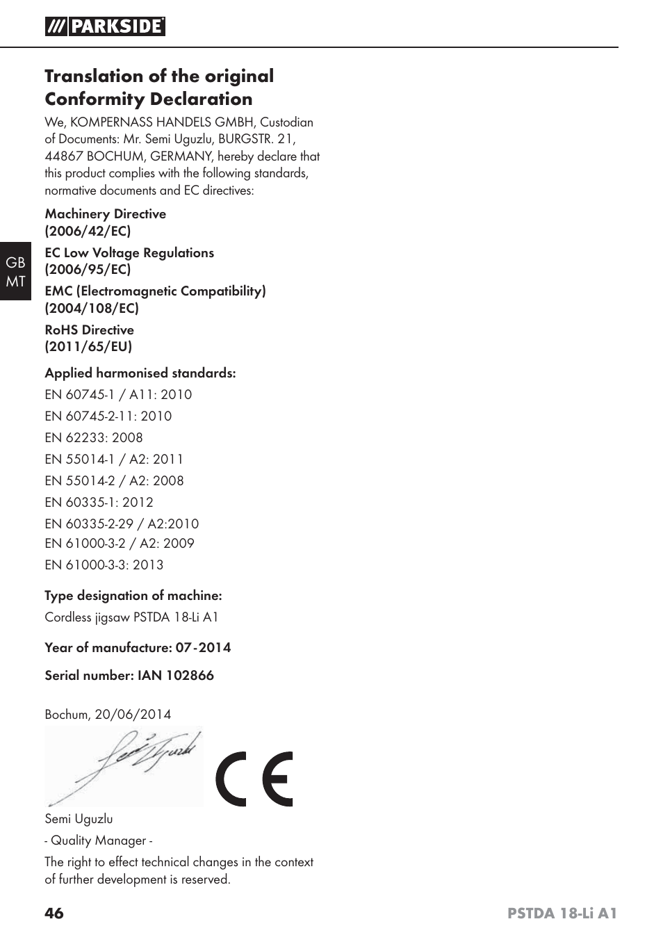 Translation of the original conformity declaration | Parkside PSTDA 18-Li A1 User Manual | Page 50 / 65