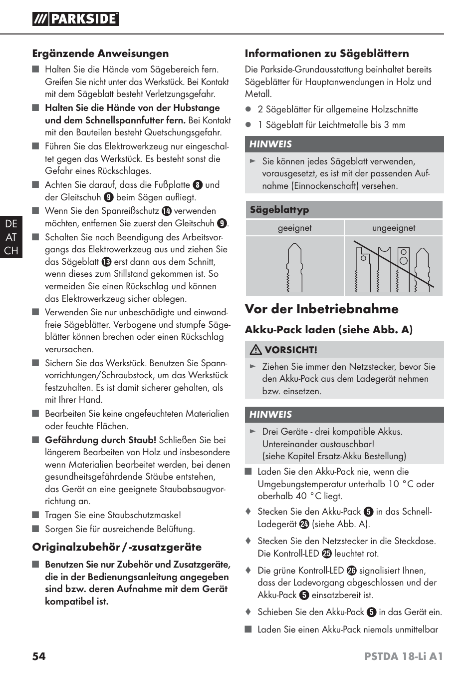 Vor der inbetriebnahme | Parkside PSTDA 18-Li A1 User Manual | Page 58 / 65