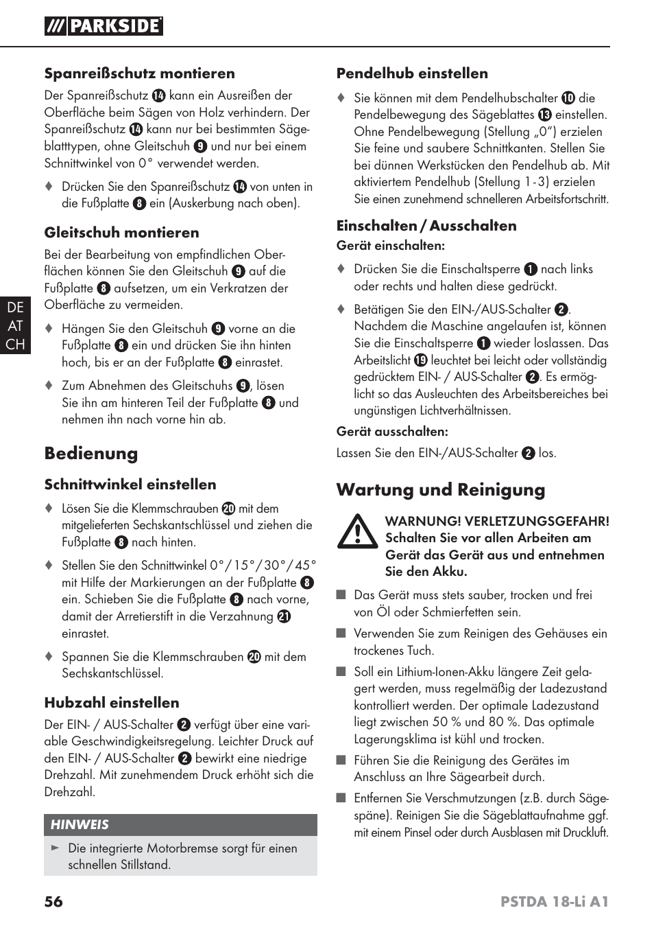 Bedienung, Wartung und reinigung | Parkside PSTDA 18-Li A1 User Manual | Page 60 / 65