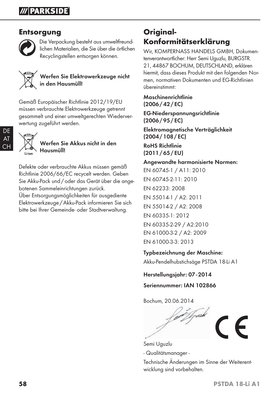 Entsorgung, Original- konformitätserklärung | Parkside PSTDA 18-Li A1 User Manual | Page 62 / 65