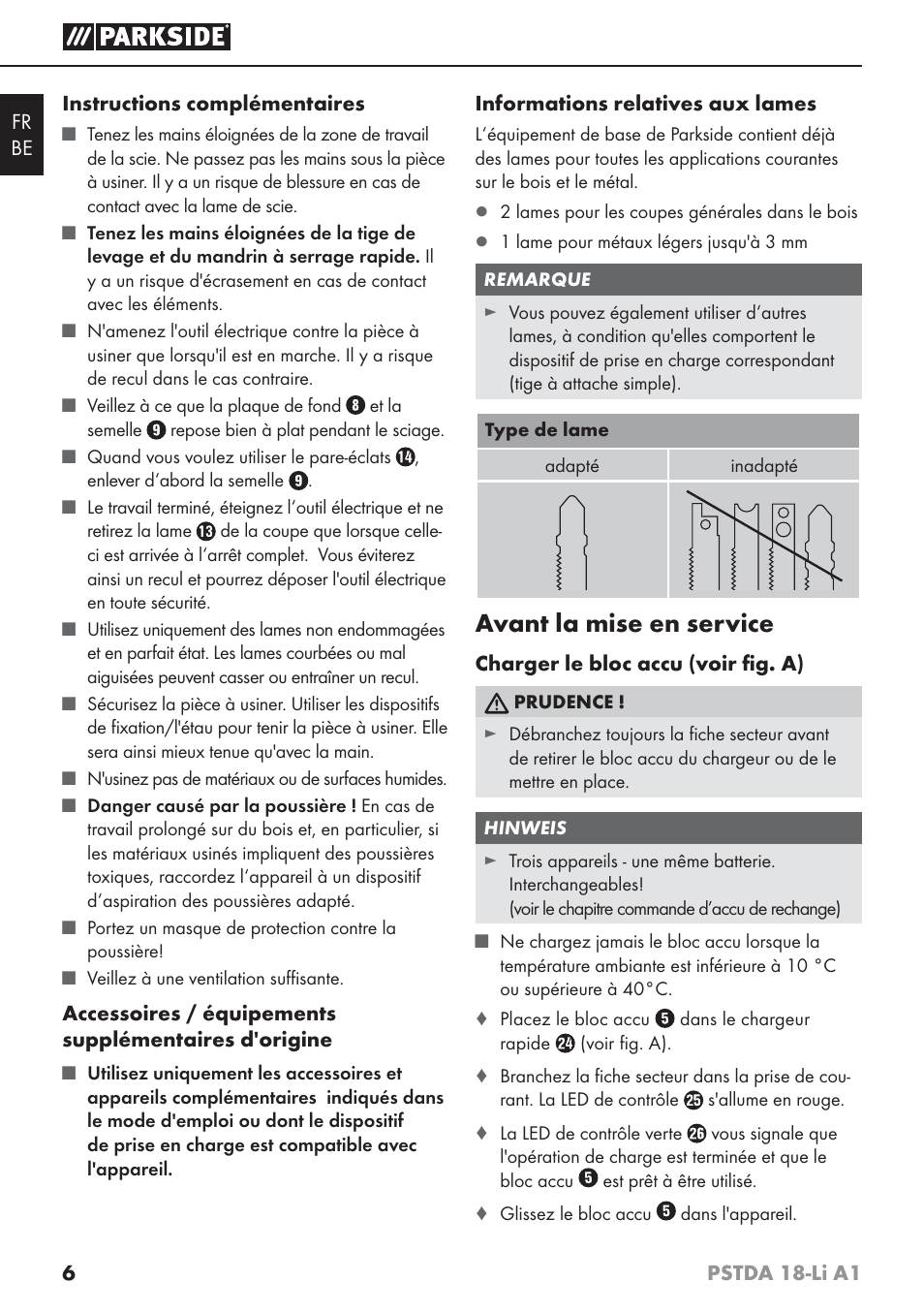 Avant la mise en service | Parkside PSTDA 18-Li A1 User Manual | Page 10 / 41