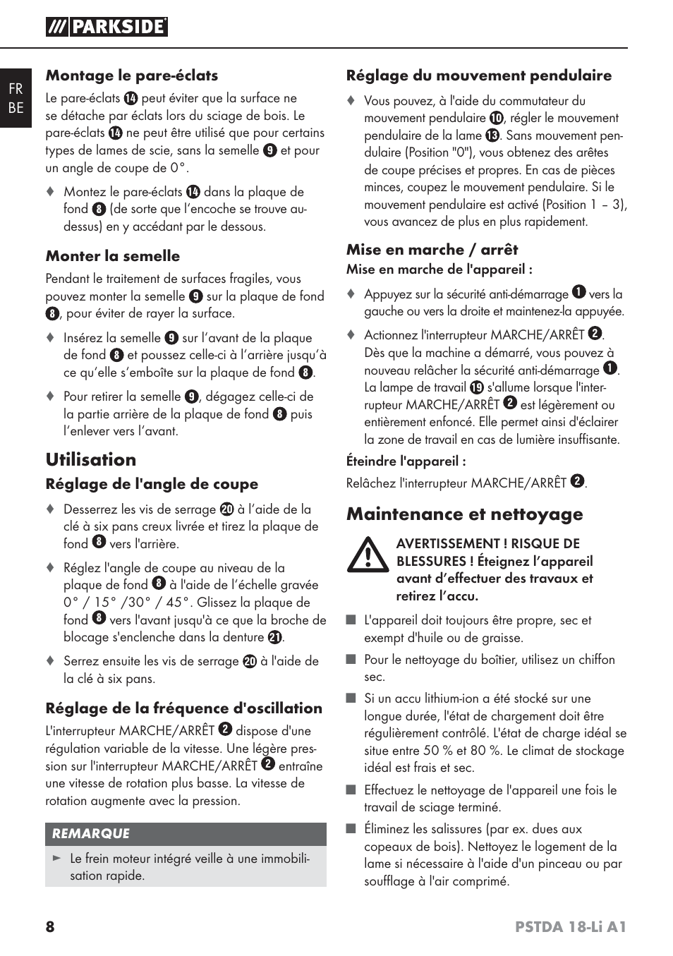 Utilisation, Maintenance et nettoyage | Parkside PSTDA 18-Li A1 User Manual | Page 12 / 41