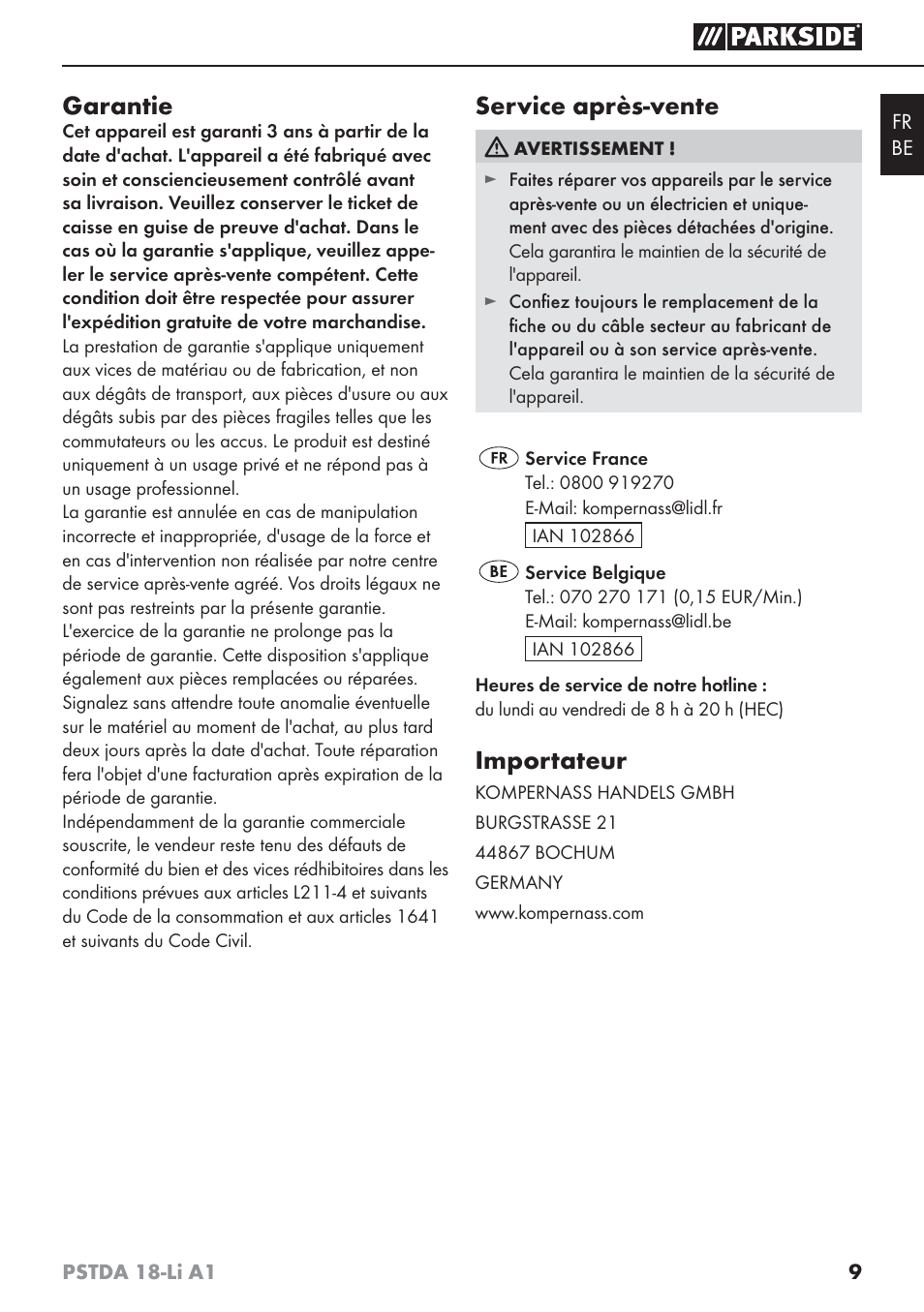 Garantie, Service après-vente, Importateur | Parkside PSTDA 18-Li A1 User Manual | Page 13 / 41