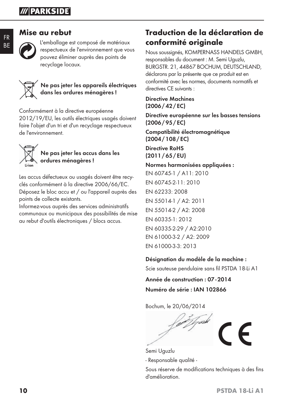 Mise au rebut | Parkside PSTDA 18-Li A1 User Manual | Page 14 / 41