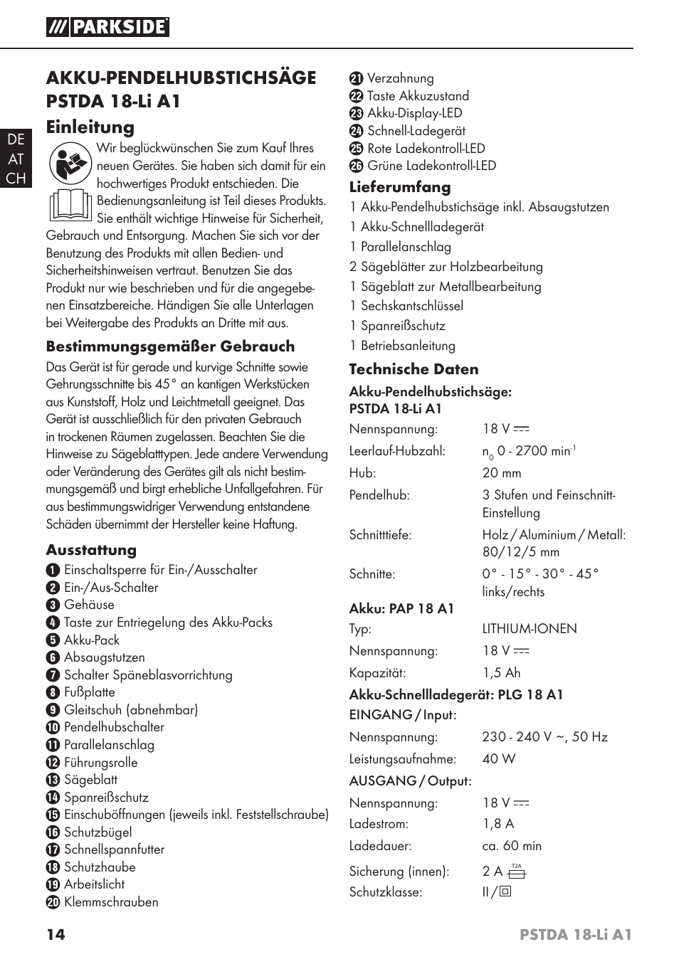 Akku-pendelhubstichsäge pstda 18-li a1 einleitung | Parkside PSTDA 18-Li A1 User Manual | Page 18 / 41