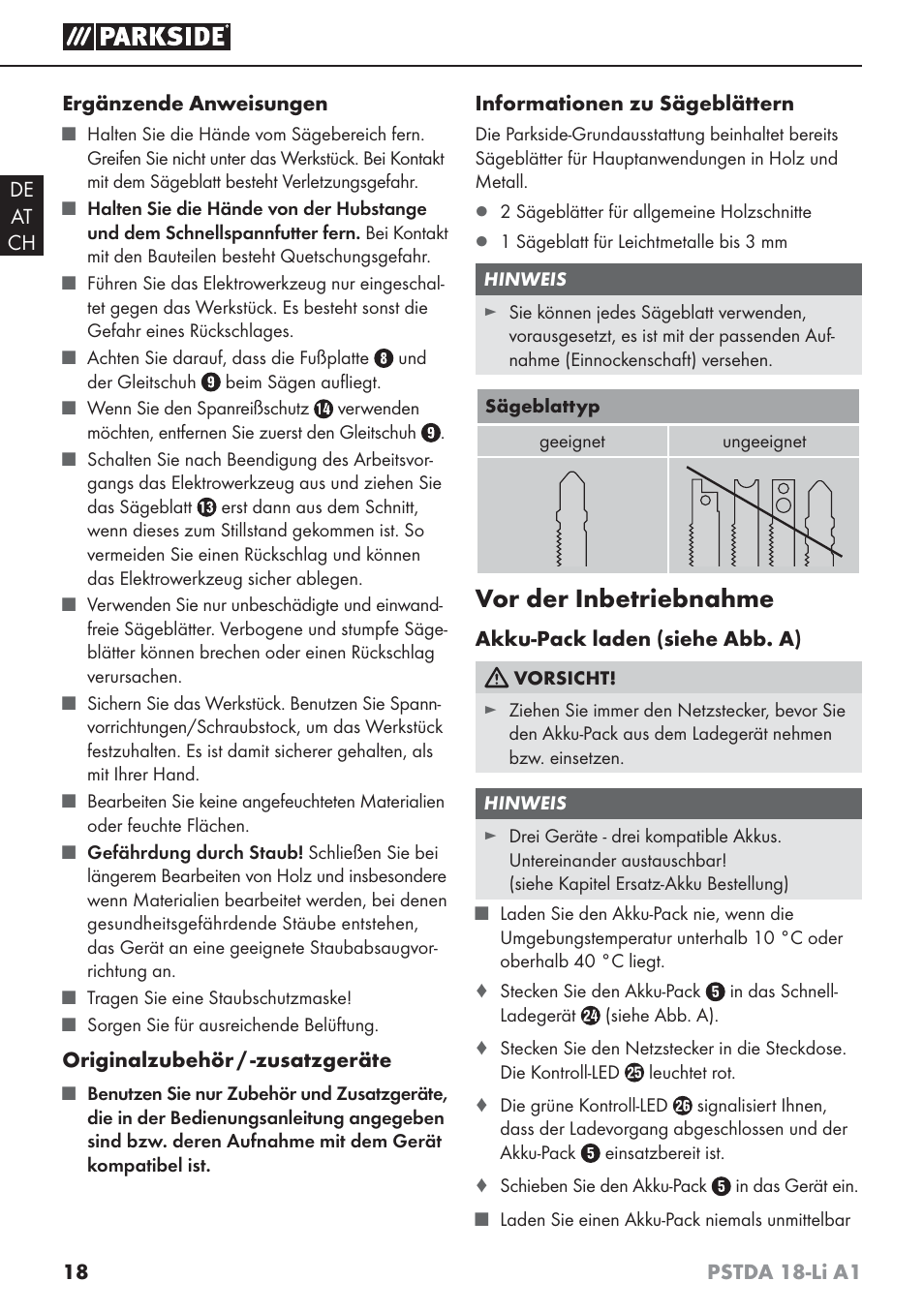 Vor der inbetriebnahme | Parkside PSTDA 18-Li A1 User Manual | Page 22 / 41