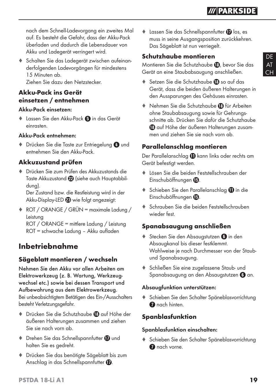 Inbetriebnahme | Parkside PSTDA 18-Li A1 User Manual | Page 23 / 41