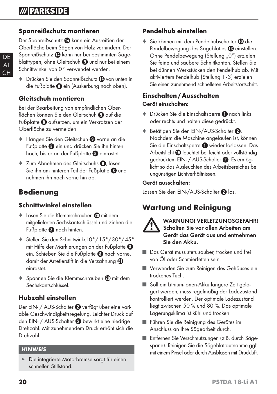 Bedienung, Wartung und reinigung | Parkside PSTDA 18-Li A1 User Manual | Page 24 / 41