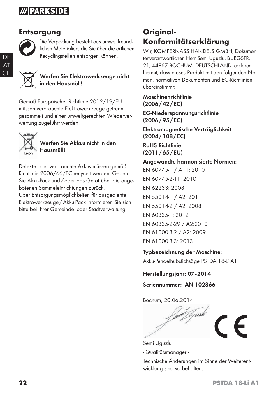 Entsorgung, Original- konformitätserklärung | Parkside PSTDA 18-Li A1 User Manual | Page 26 / 41