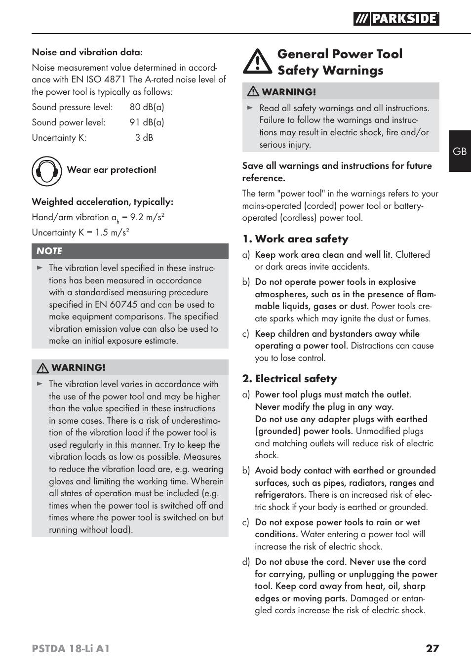 General power tool safety warnings | Parkside PSTDA 18-Li A1 User Manual | Page 31 / 41