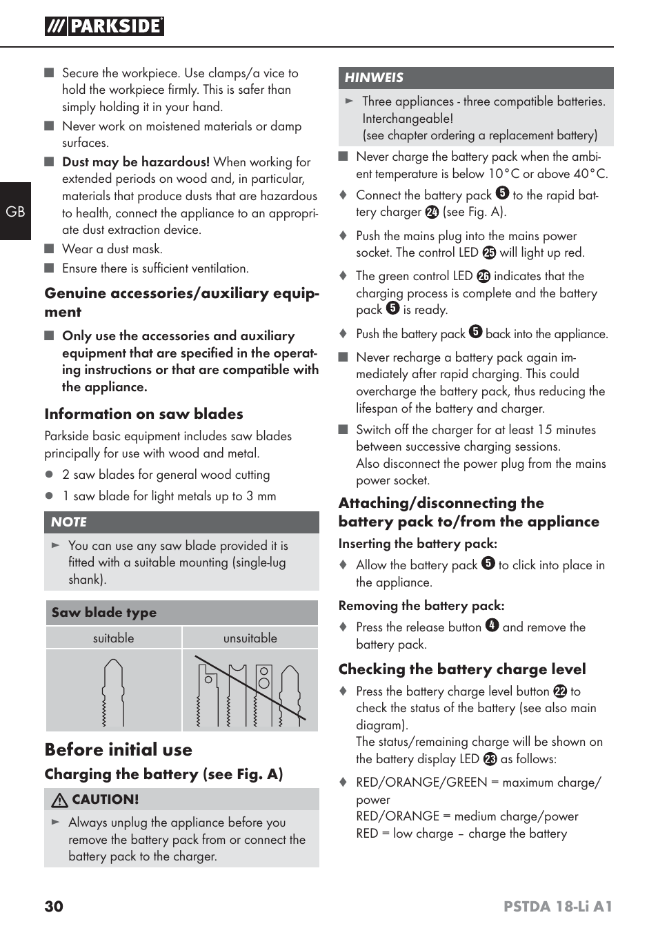 Before initial use | Parkside PSTDA 18-Li A1 User Manual | Page 34 / 41