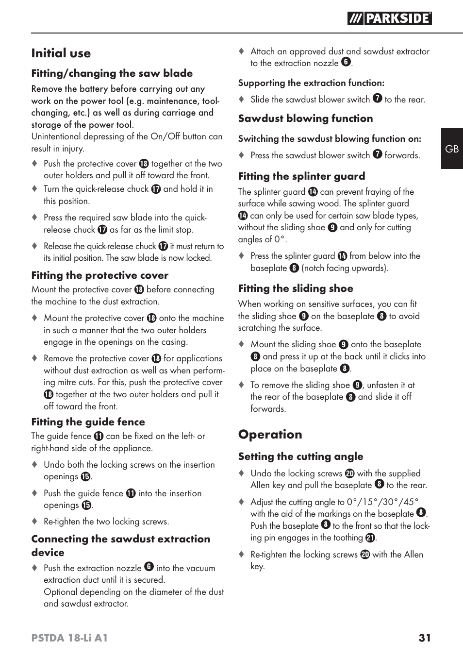 Initial use, Operation | Parkside PSTDA 18-Li A1 User Manual | Page 35 / 41