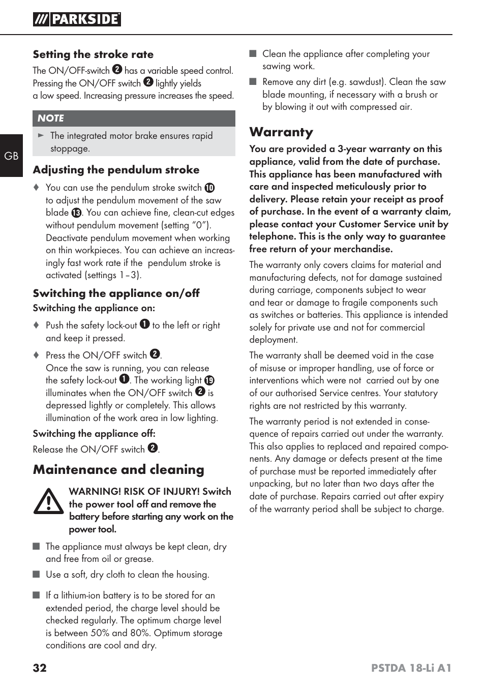 Maintenance and cleaning, Warranty | Parkside PSTDA 18-Li A1 User Manual | Page 36 / 41