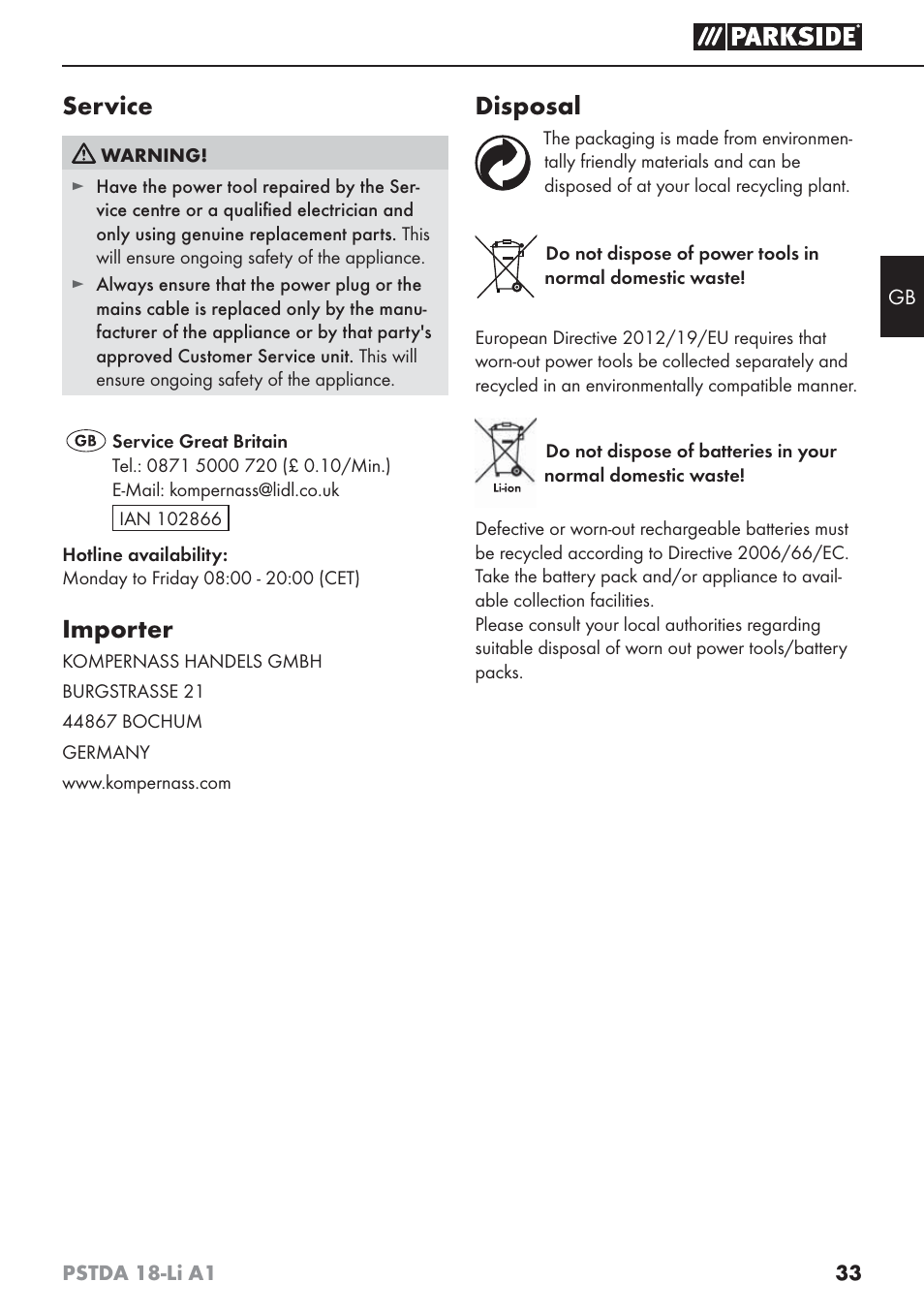 Service, Importer, Disposal | Parkside PSTDA 18-Li A1 User Manual | Page 37 / 41