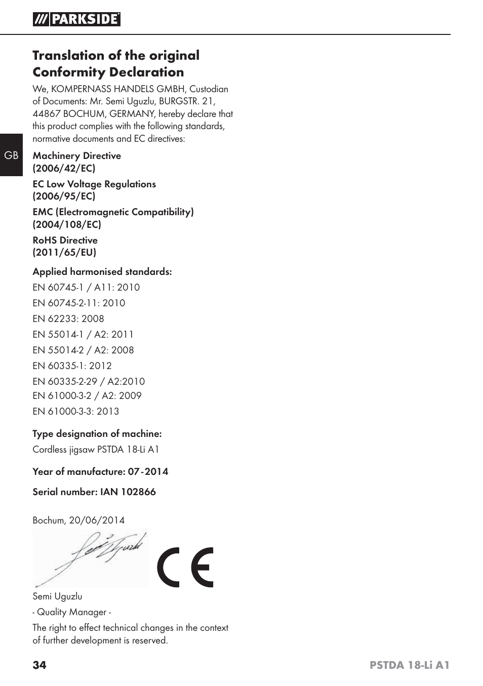 Translation of the original conformity declaration | Parkside PSTDA 18-Li A1 User Manual | Page 38 / 41
