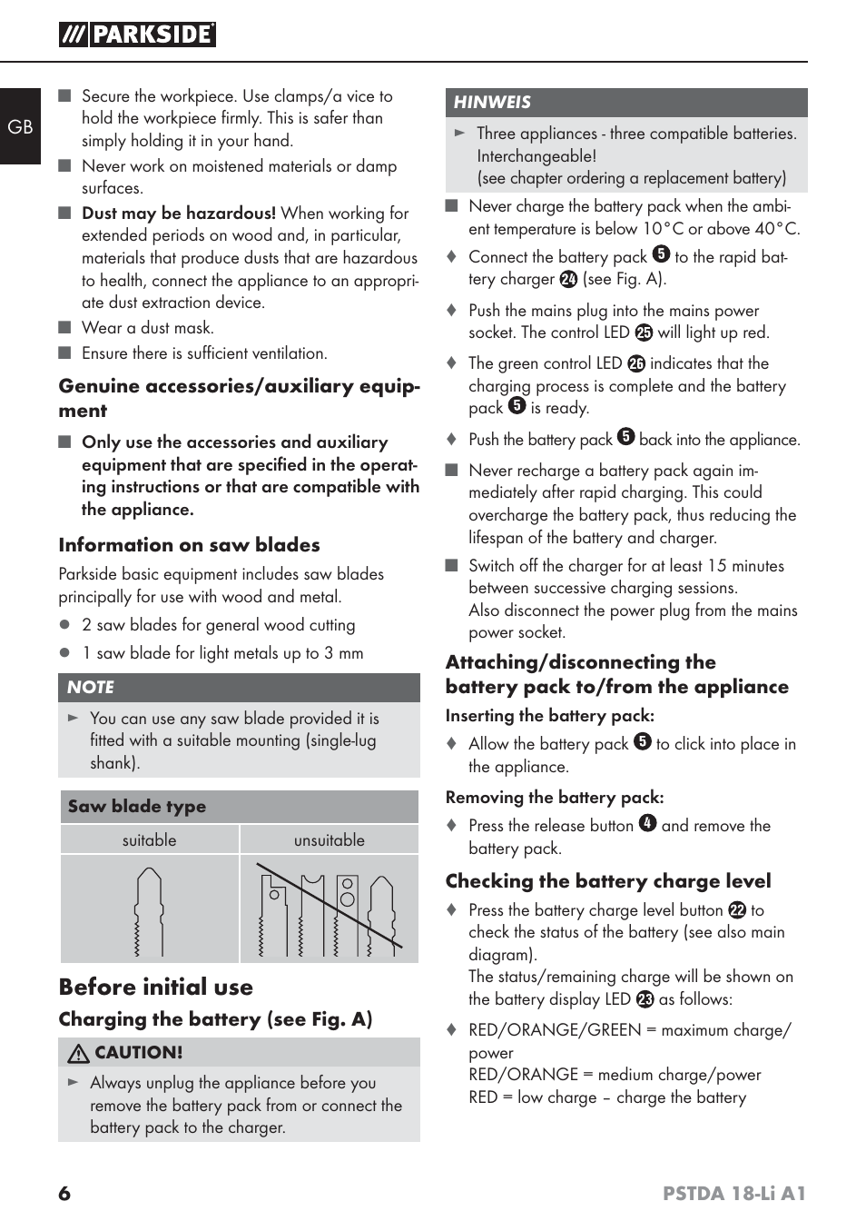 Before initial use | Parkside PSTDA 18-Li A1 User Manual | Page 10 / 89